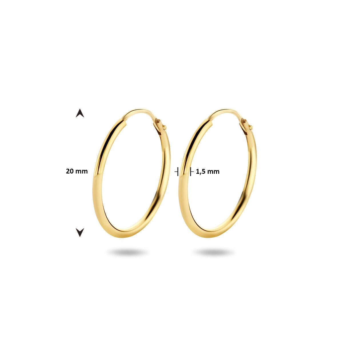 De oorringen 1,5 mm ronde buis van de Van der Kooij Collectie zijn vervaardigd uit 14K geelgoud, hebben een diameter van 20 mm en worden zij aan zij getoond op een witte achtergrond.