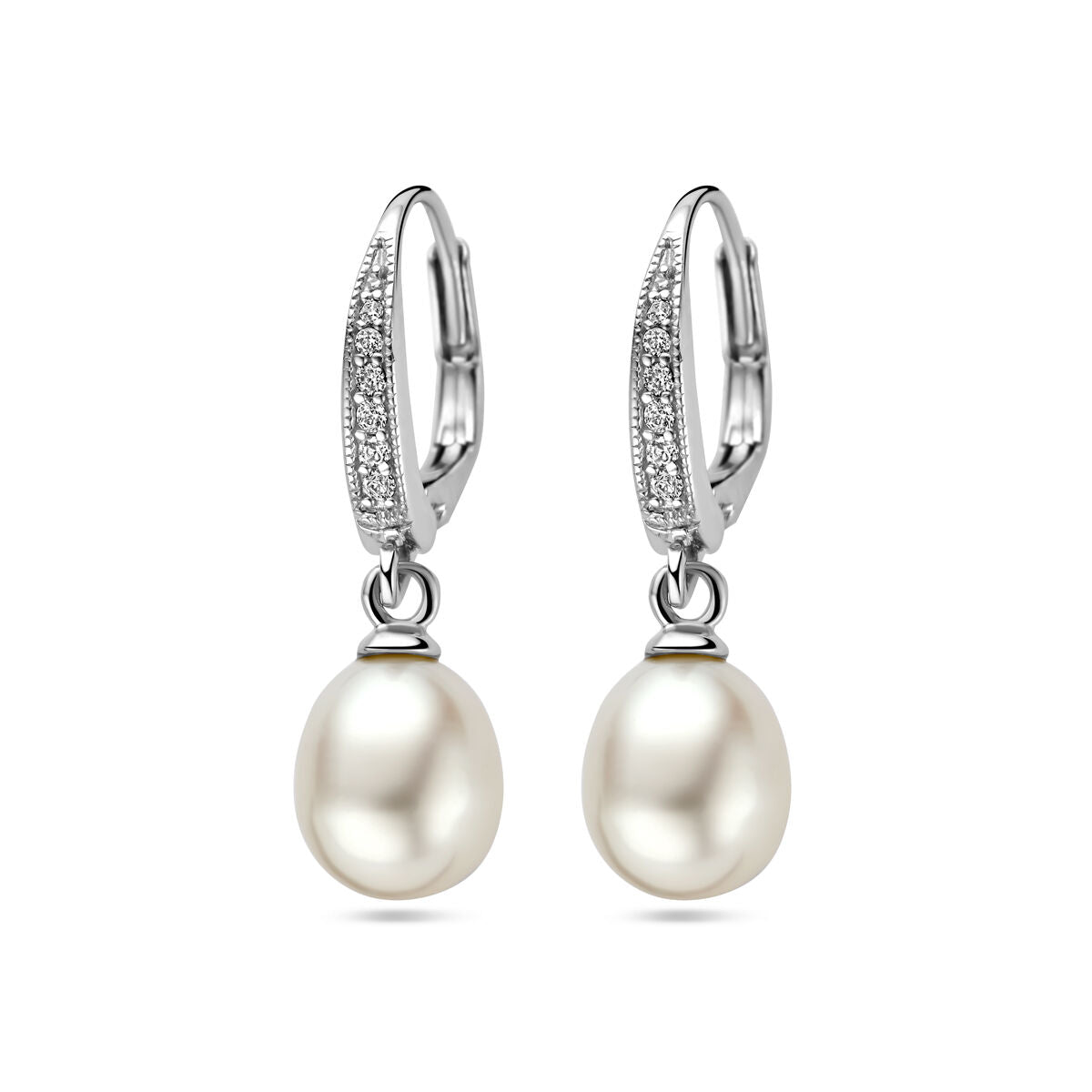 Boucles d'oreilles en argent rhodié avec perles et zirconiums, forme pendante.