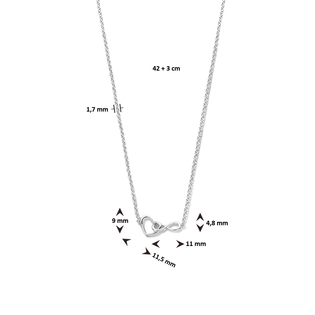 collier cœur et infini 42 + 3 cm argent rhodié