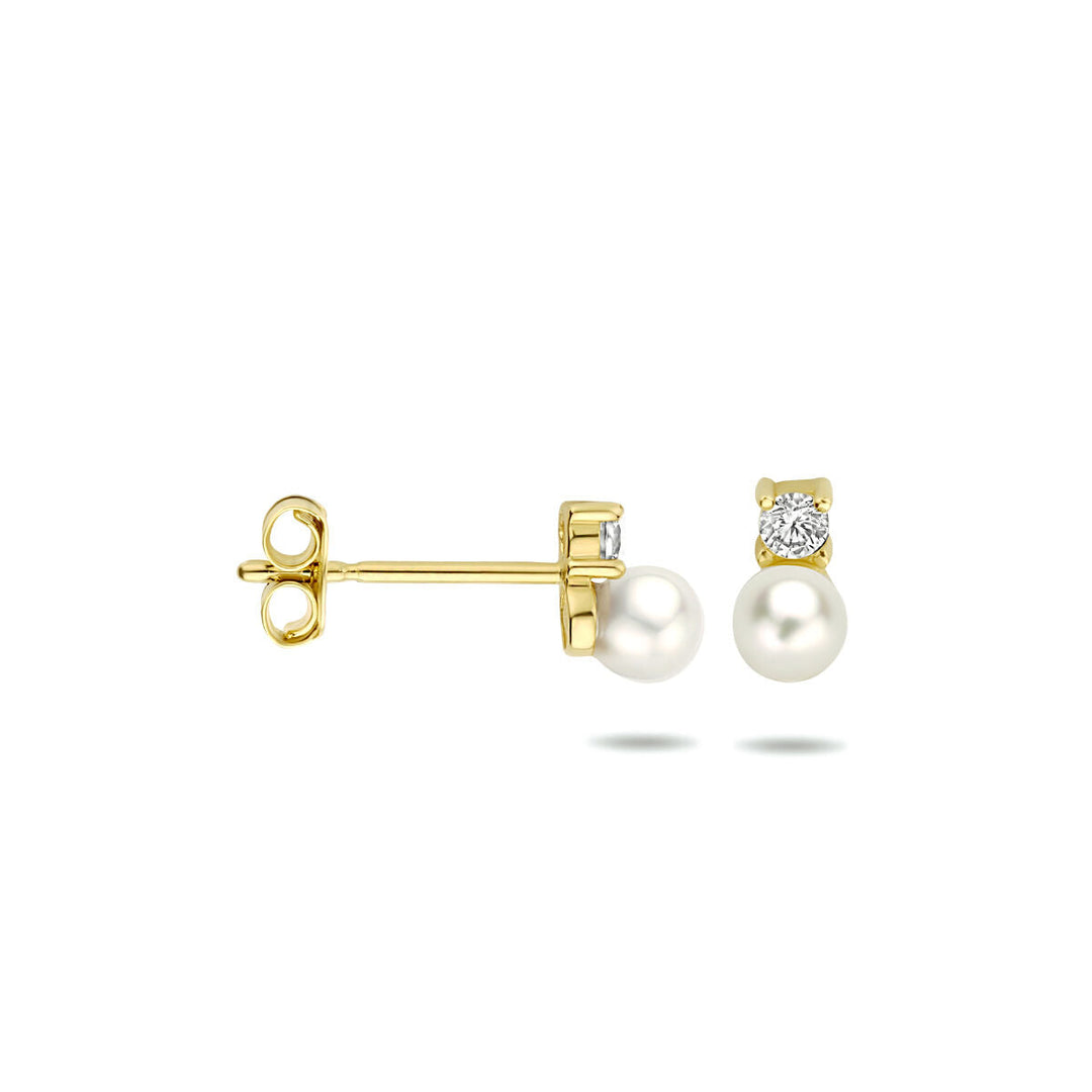oorknoppen parel en zirkonia 14K geelgoud