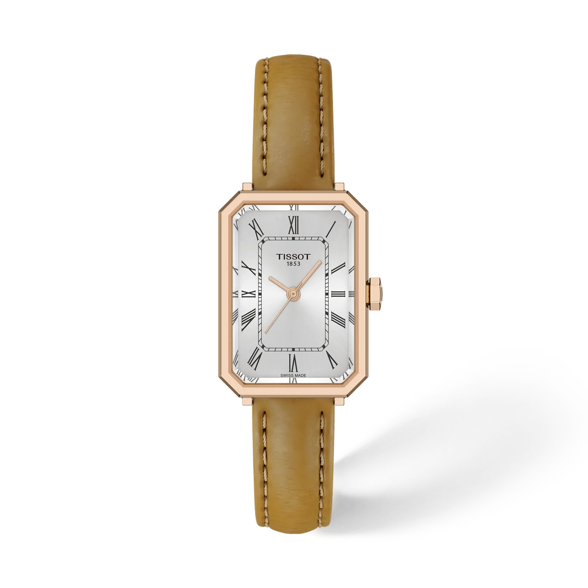 Montre Tissot avec boîtier rectangulaire en acier inoxydable rose, cadran argenté et bracelet en cuir beige.