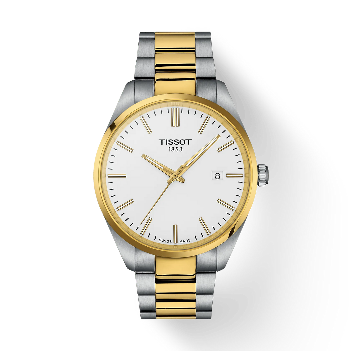 Montre Tissot PR 100 de 40 mm avec boîtier en acier inoxydable argenté et doré, cadran blanc et bracelet à maillons.