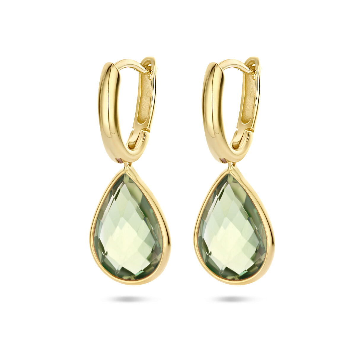 Boucles d'oreilles en or jaune 14K avec pendentifs en améthyste verte en forme de goutte.