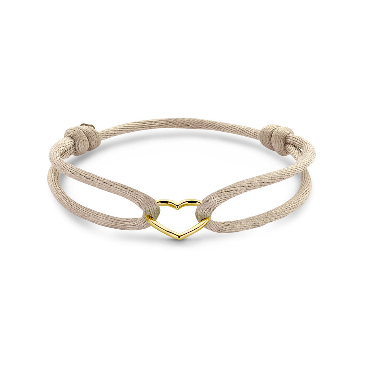 Bracelet en satin beige avec un cœur en or 14K, ajustable de 13 à 26 cm.