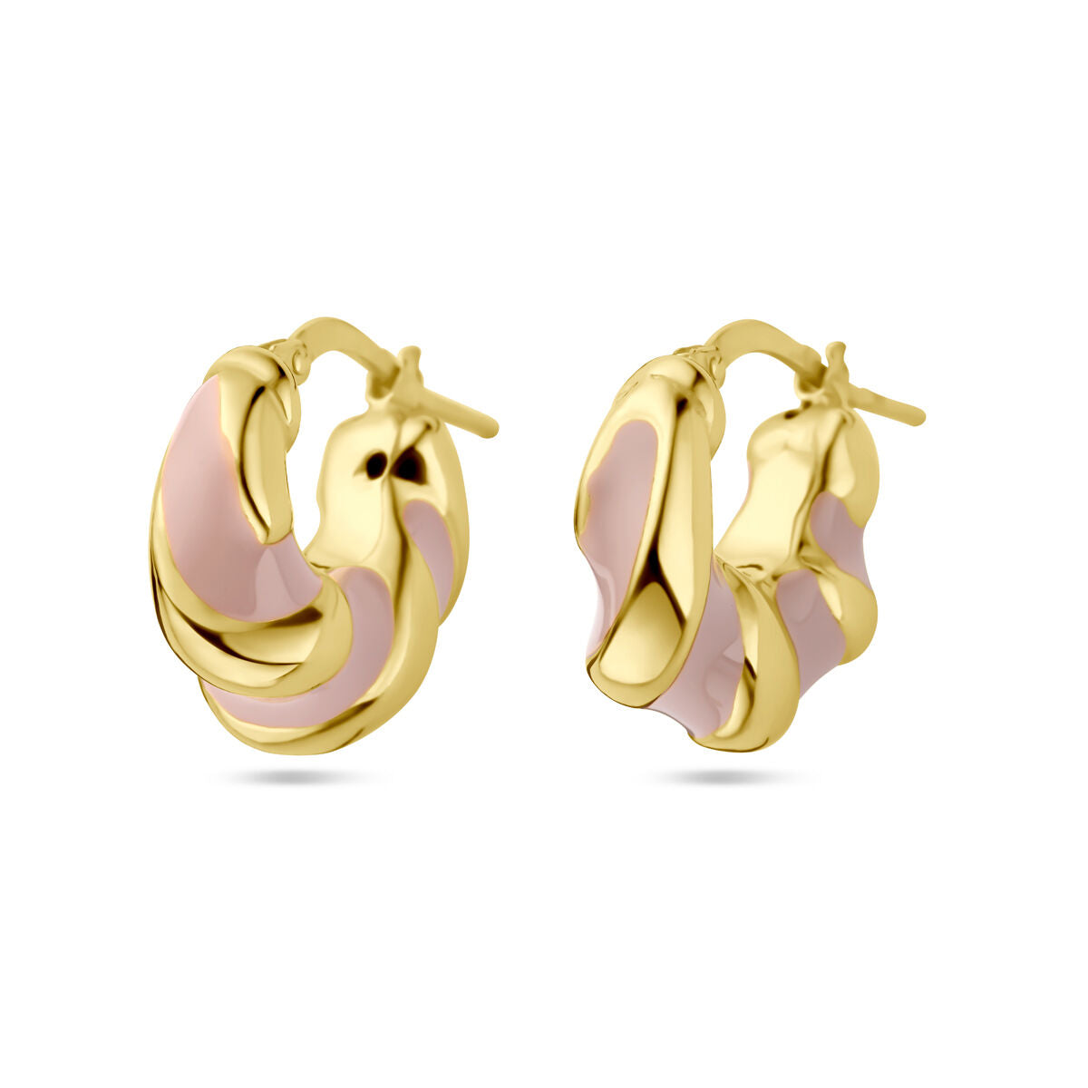 Boucles d'oreilles en argent doré, torsadées, avec émail rose.