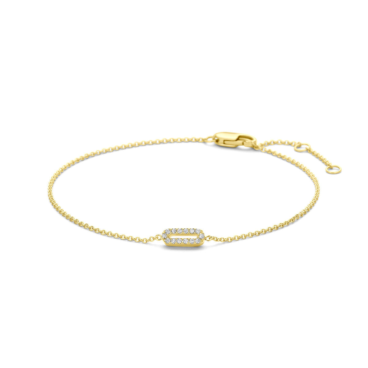 Bracelet en or jaune 14 carats avec un motif central serti de diamants.