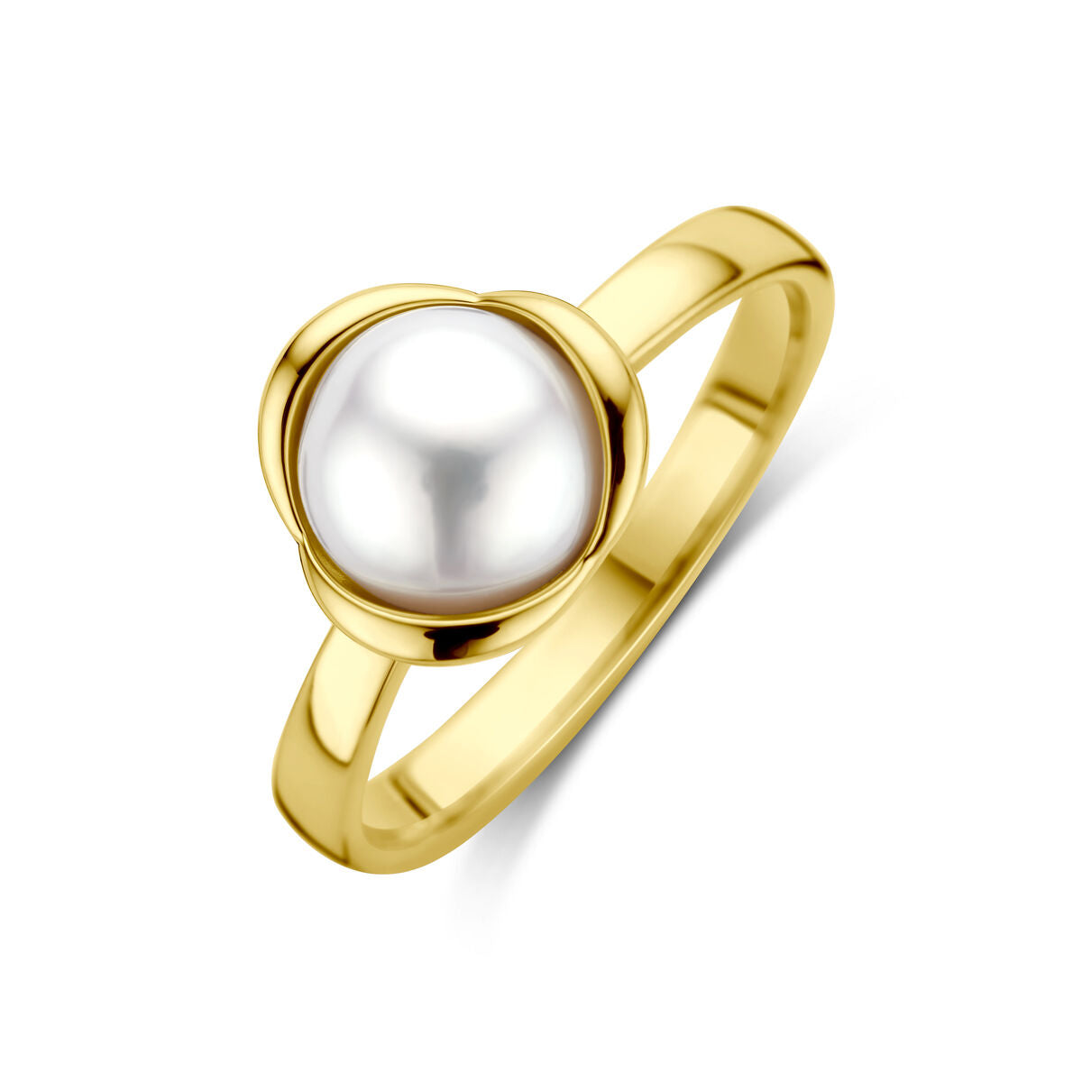 Bague en or jaune 14K avec une perle centrale en forme de tulipe.