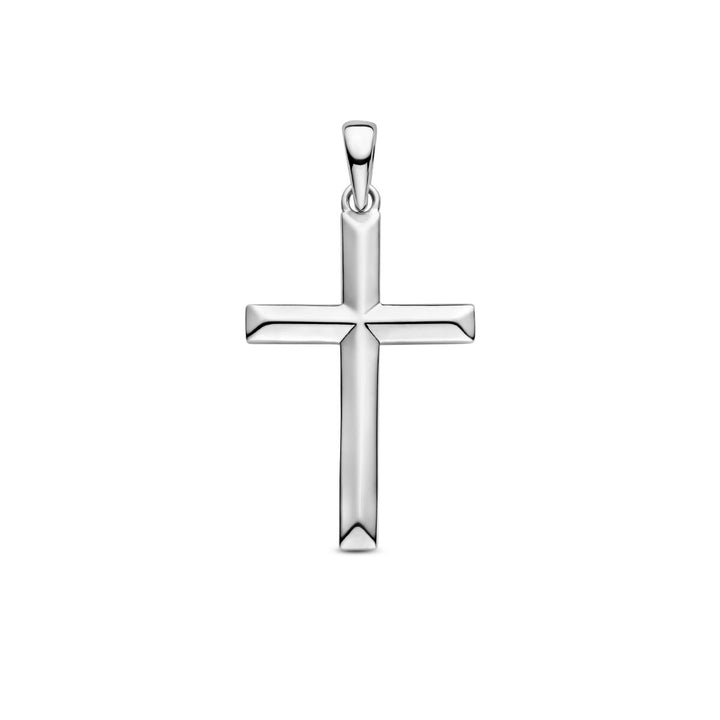 De hanger kruis zilver gerhodineerd van de Van der Kooij Collectie is gemaakt van 925 zilver met een gladde, gepolijste afwerking en spitse uiteinden, afgebeeld tegen een witte achtergrond.