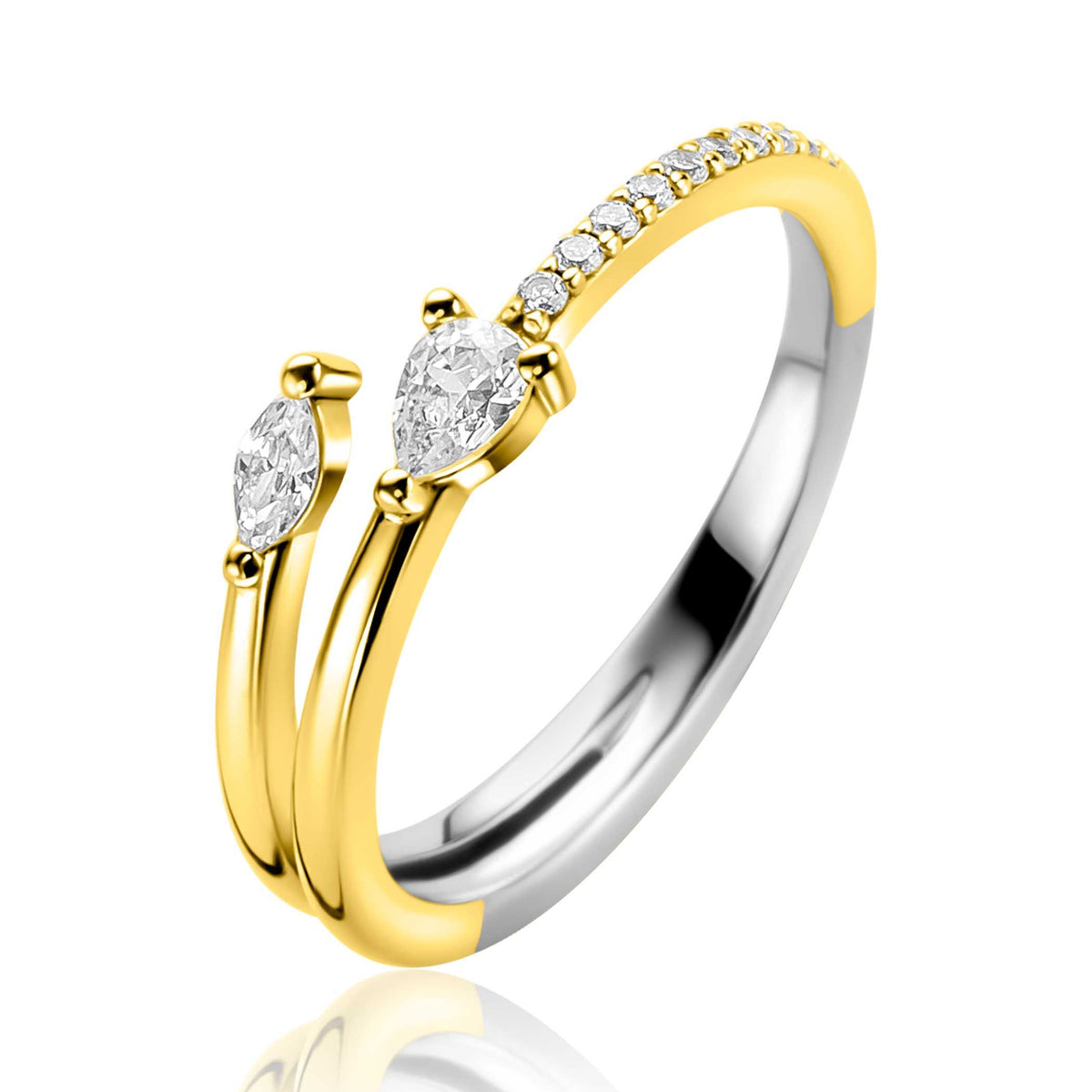 Bague en argent avec deux pierres brillantes et une rangée de zircones.