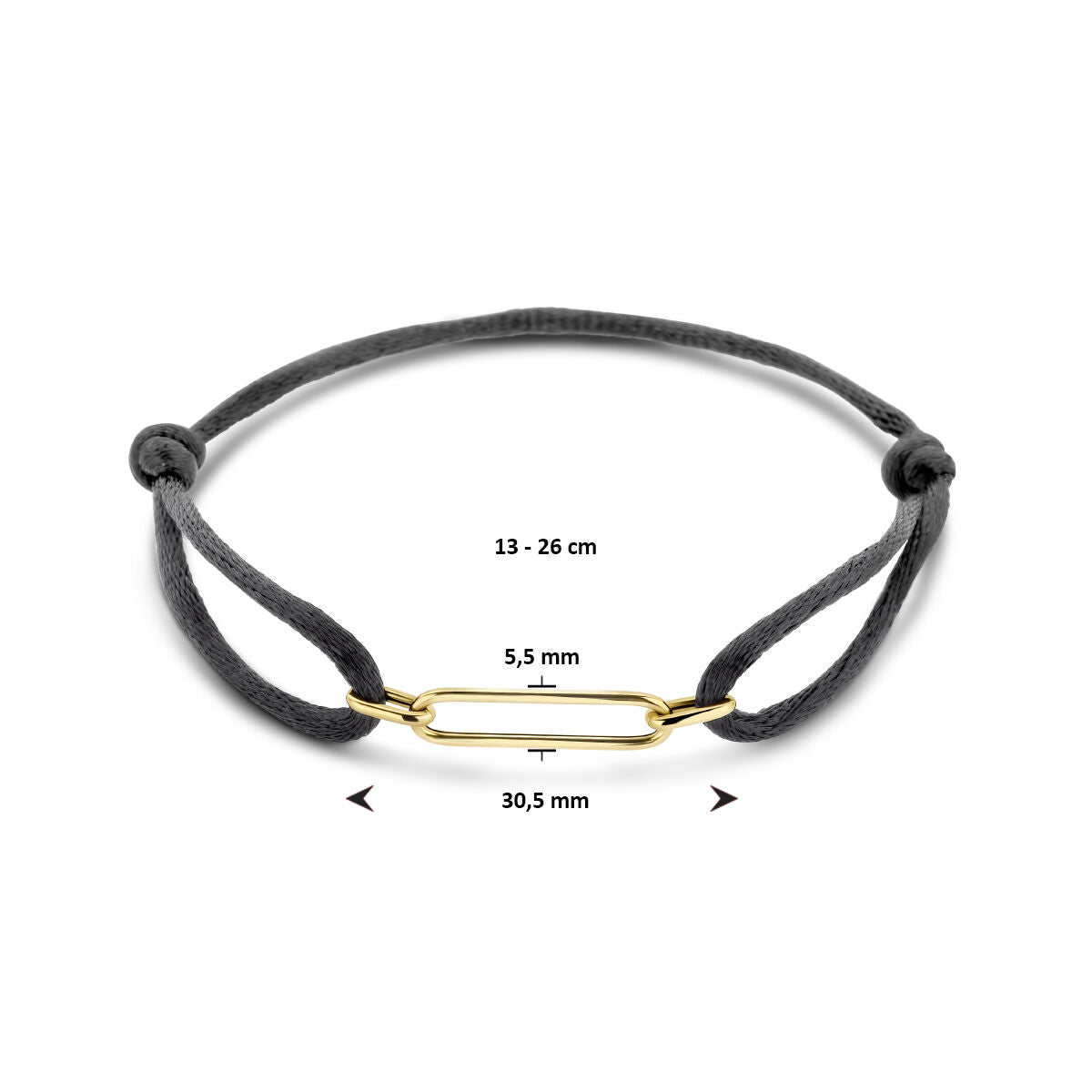 bracelet satin 13 - 26 cm 14K or avec caoutchouc/nylon/cuir