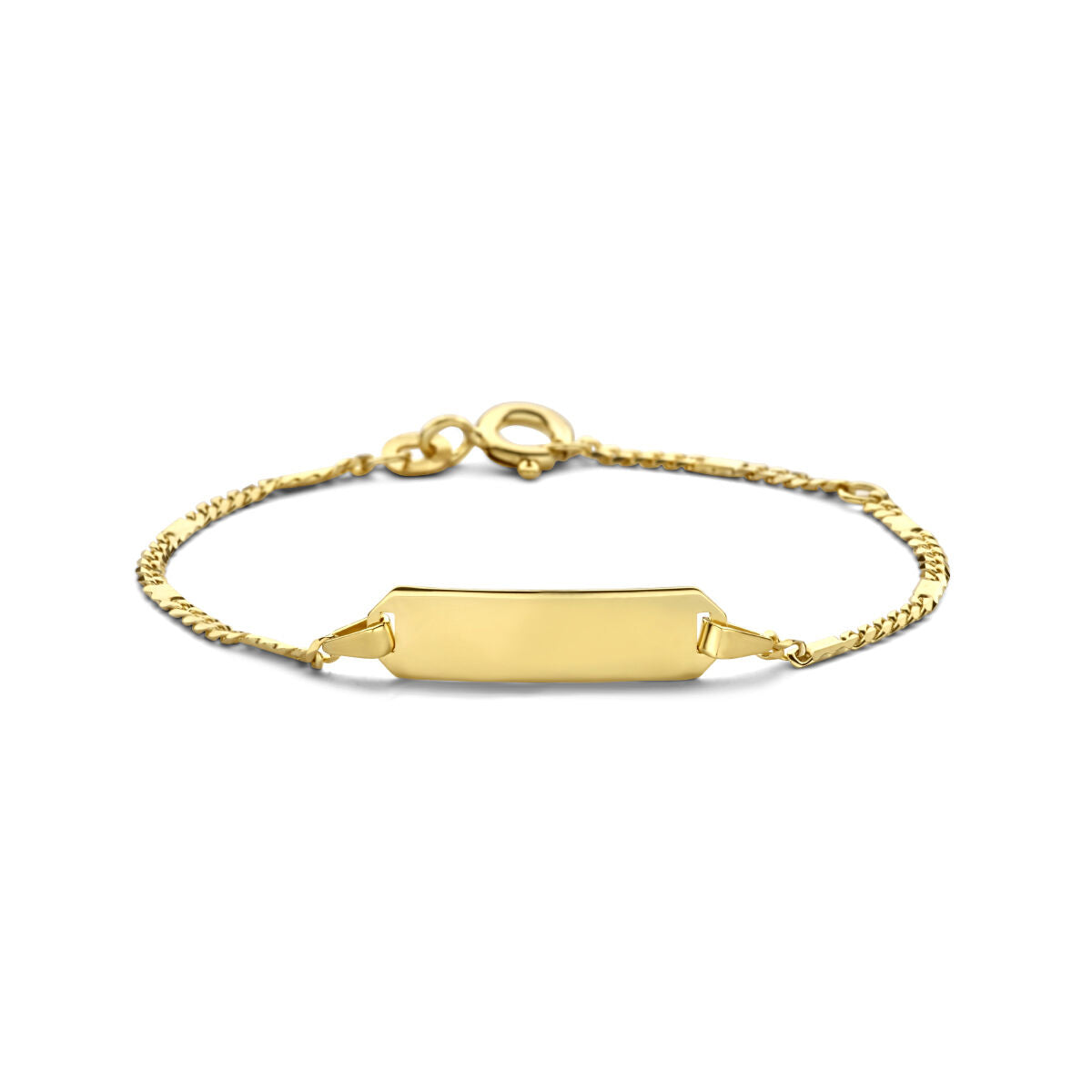 Bracelet en or jaune 14K avec plaque gravable de 5,5 mm et chaîne tressée.