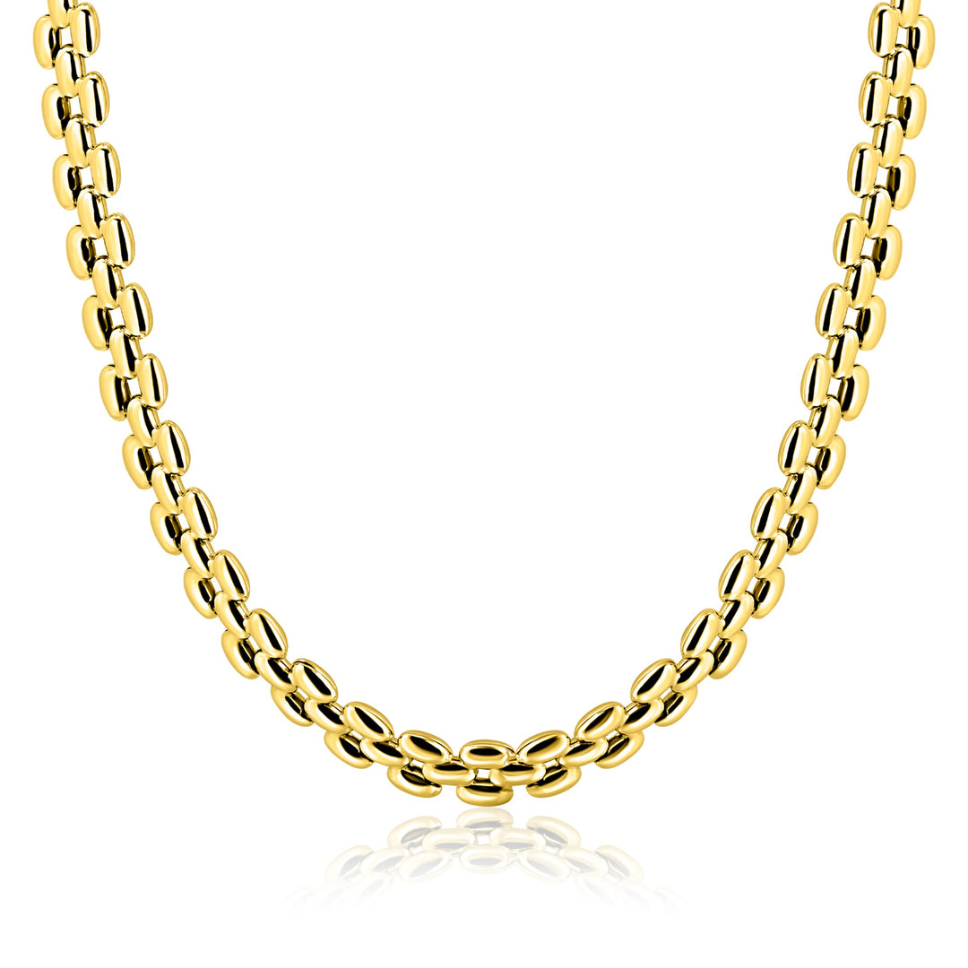 Een close-up van de Zinzi Ketting Gold Plated ZIC2764G van Zinzi, met vergulde ovale schakels in een symmetrisch patroon, wordt getoond tegen een witte achtergrond met de focus op het onderste deel van de ketting.
