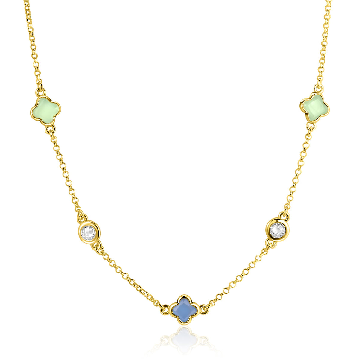 Collier doré avec des motifs en forme de fleur et des pierres colorées.