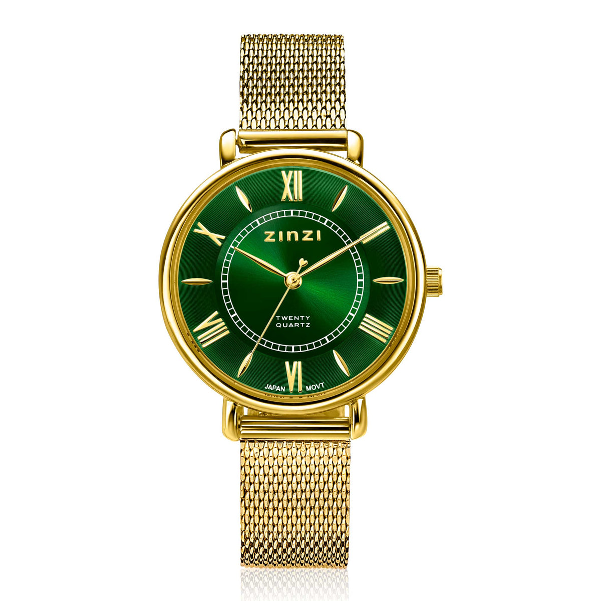 Montre dorée avec un cadran vert et un bracelet en maille.