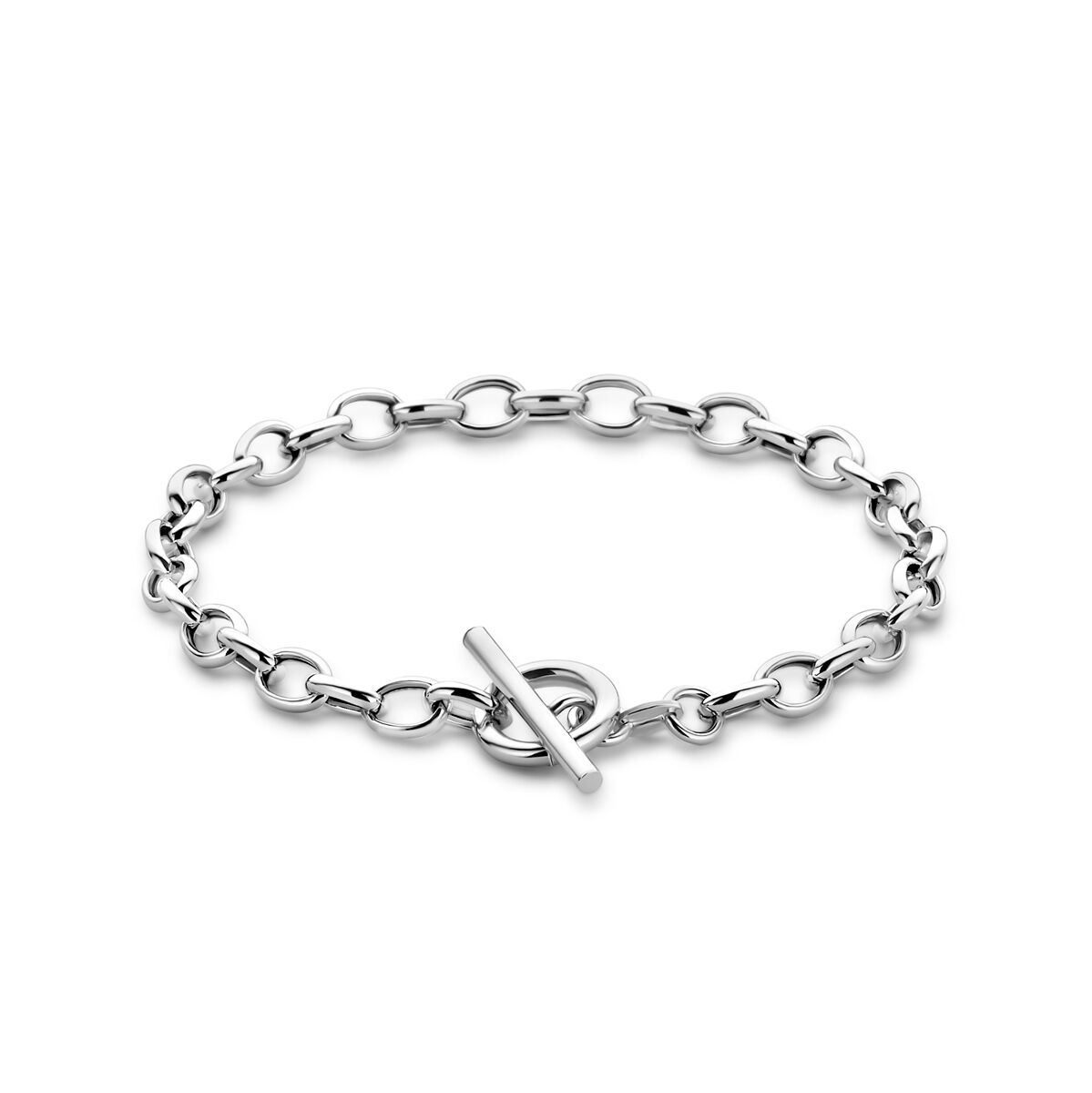 Bracelet en argent rhodié avec maillons ronds et fermoir à barrette, largeur 5 mm, longueur 18,5 cm.
