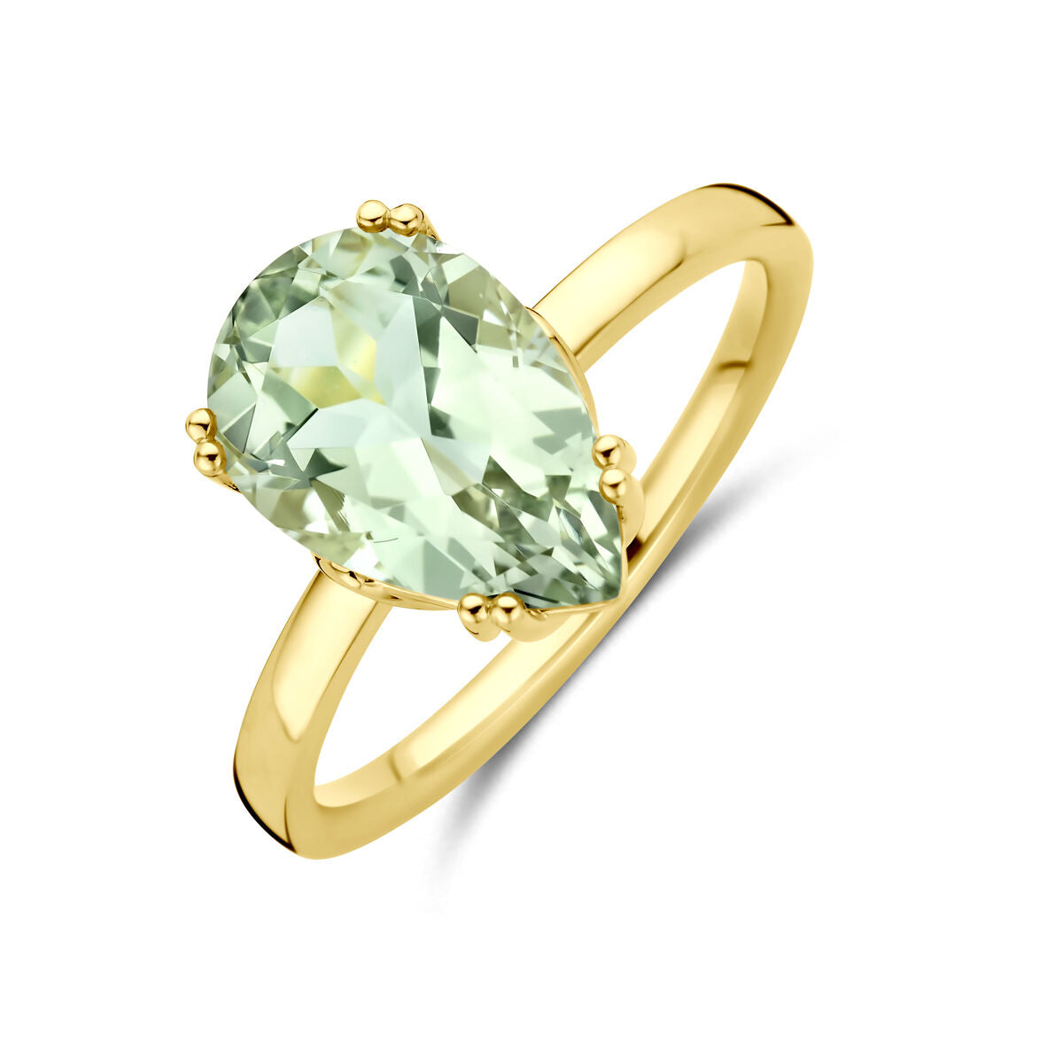 Bague en or jaune 14K avec une pierre en améthyste verte en forme de poire.