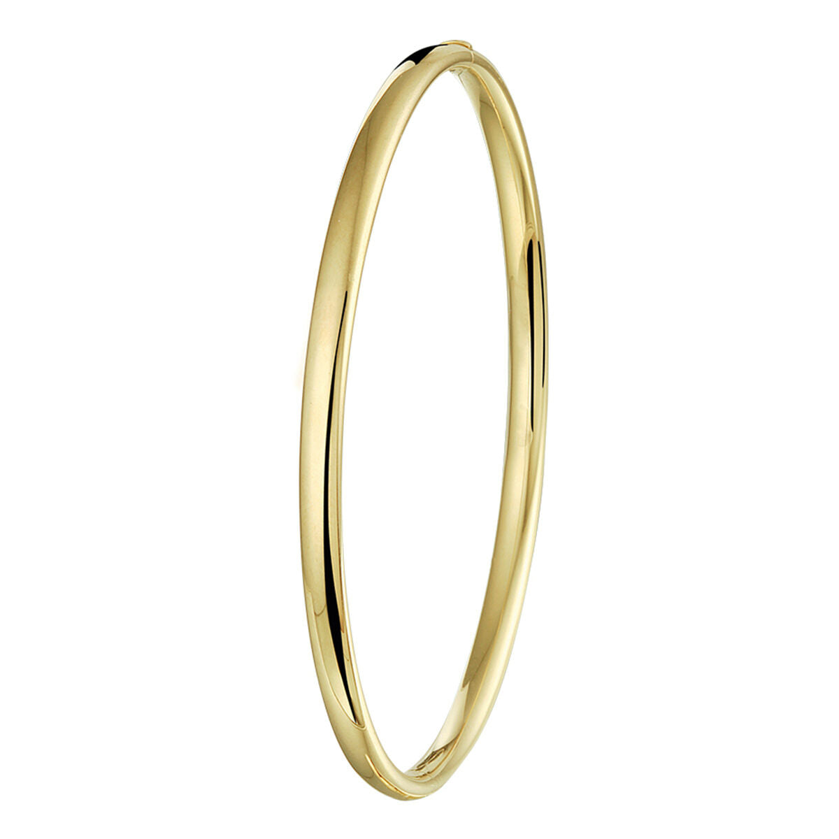 De Van der Kooij Collectie bangle scharnier massief ovale buis 4,0 mm Zilgold (geelgoud met zilverkern) wordt getoond met zijn gladde, gepolijste ovale ontwerp tegen een witte achtergrond.