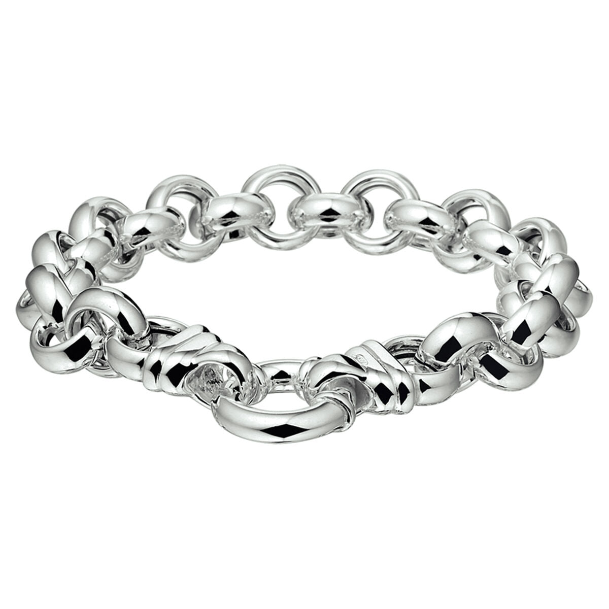 Bracelet jasseron en argent blanc de 11 mm avec un grand fermoir à ressort.
