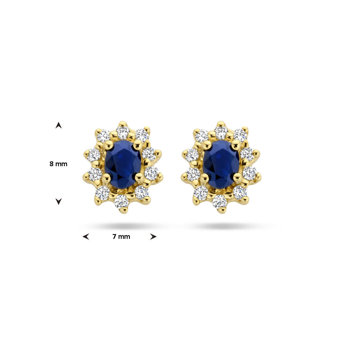 oorknoppen saffier en zirkonia halo 14K geelgoud