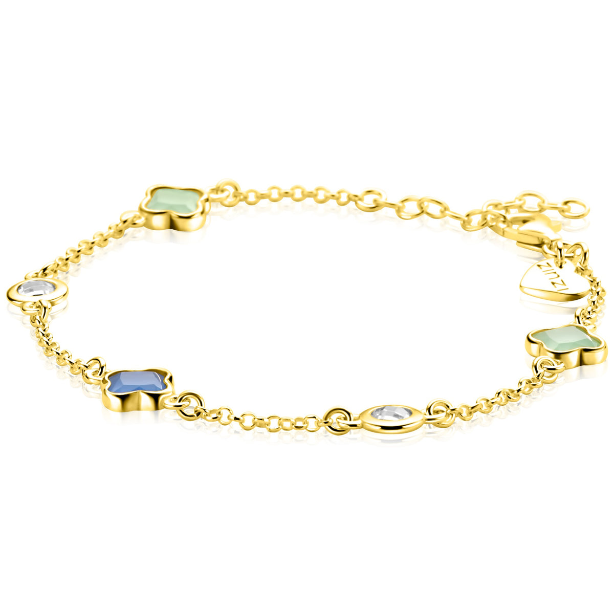 Bracelet doré avec des motifs en forme de fleurs et des pierres colorées.