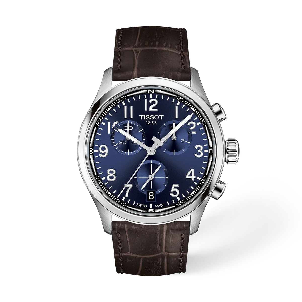Montre Tissot avec un cadran bleu, boîtier en acier inoxydable et bracelet en cuir marron.