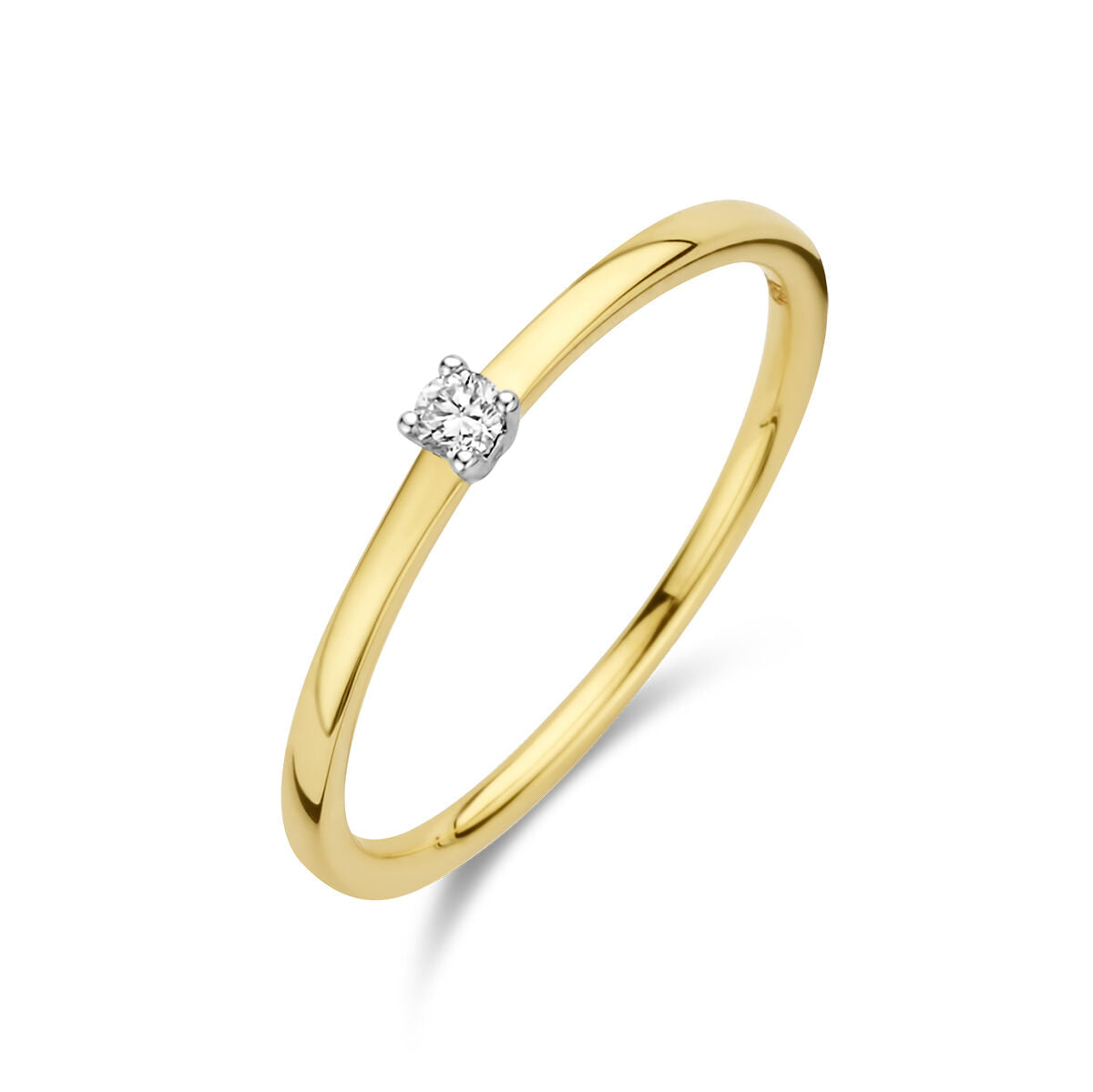 Een delicate 14k bicolor geel/wit gouden aanzoeksring van Van der Kooij Collectie met een 0.05ct H SI diamant in een minimalistische zetting, perfect als diamanten ring dames.