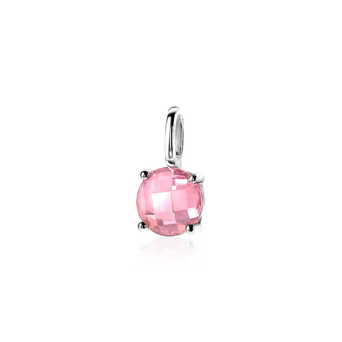 Pendentif en argent avec une pierre rose facettée.