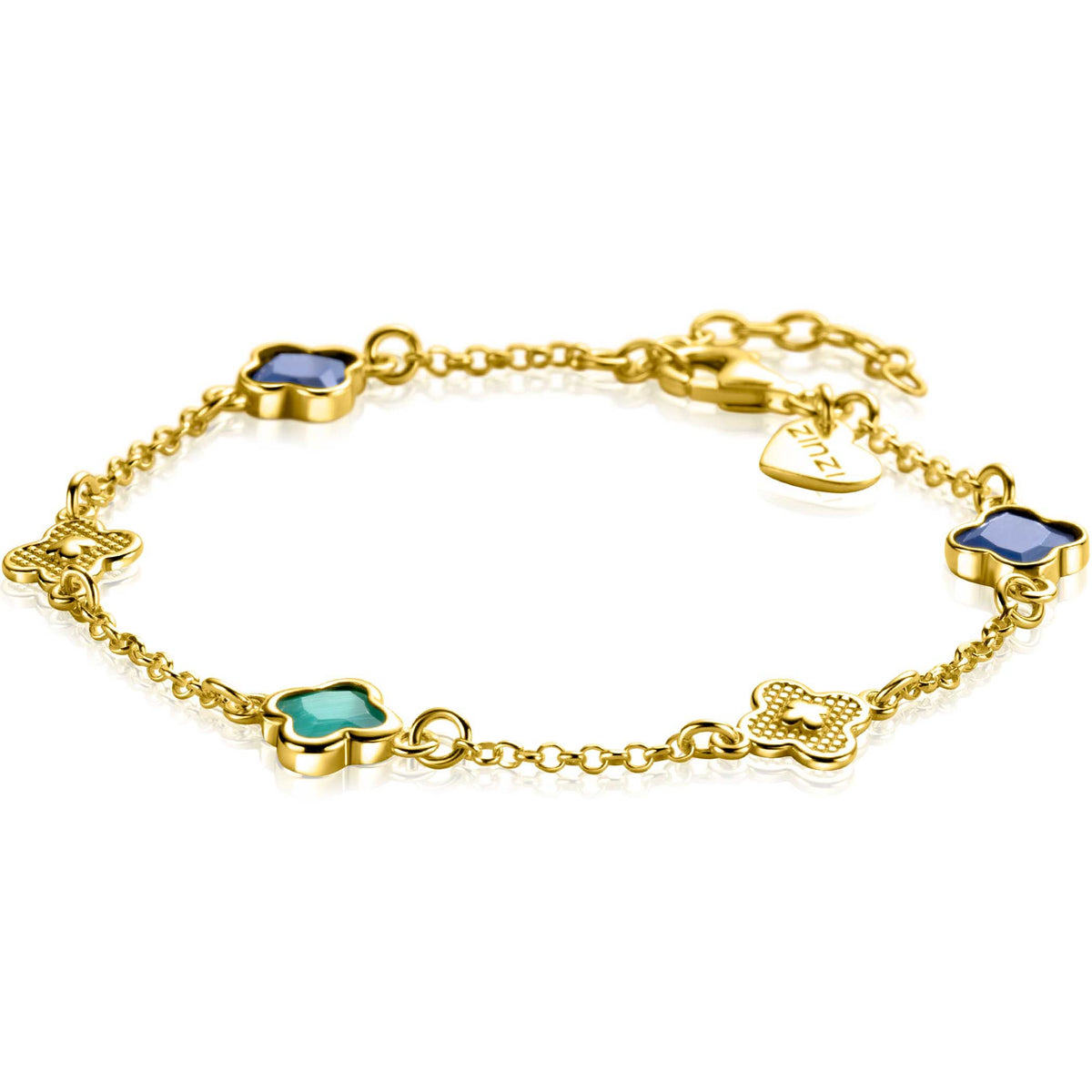 Bracelet en argent doré avec des motifs colorés en forme de fleurs.