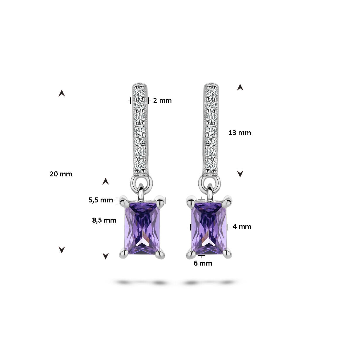 boucles d'oreilles améthyste et zircone blanche argent rhodié
