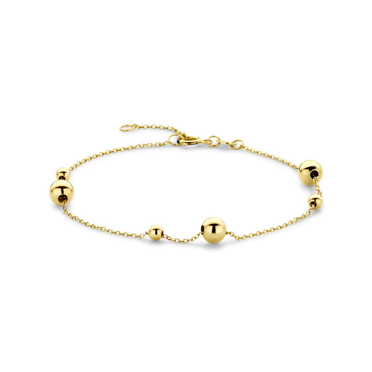 Bracelet en or jaune 14K avec des billes brillantes, longueur ajustable de 16,5 à 18,5 cm.