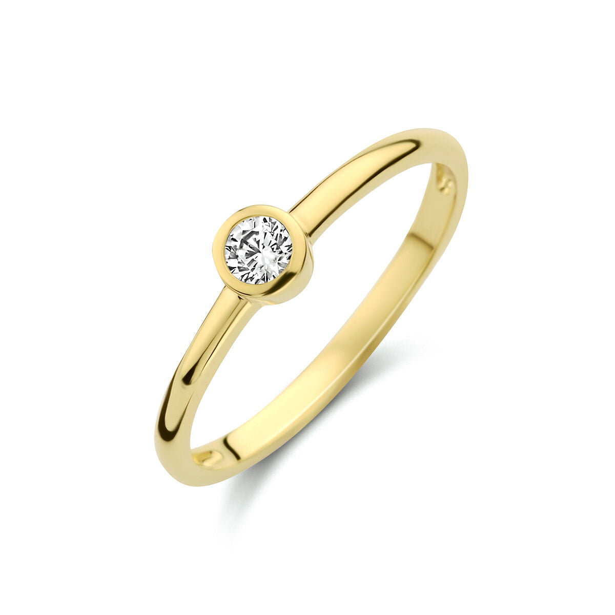 Ring van 14K geelgoud met een ronde zirkonia in een eenvoudige zetting.