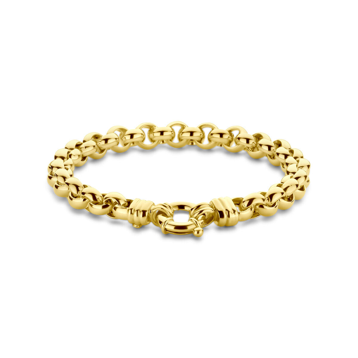 Bracelet jasseron en or jaune 14K, 7 mm de large et 19 cm de long, avec un fermoir élégant.