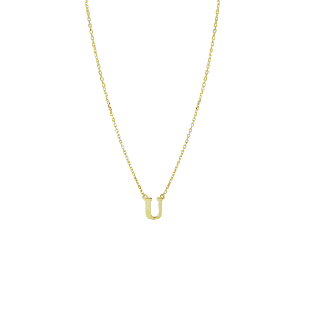 De Gouden dames ketting letter 14K van Van der Kooij Collectie heeft een delicate 14k goud anker collier met een gepersonaliseerde "U" hanger, perfect als dames cadeau en stijlvol gepresenteerd op een witte achtergrond.
