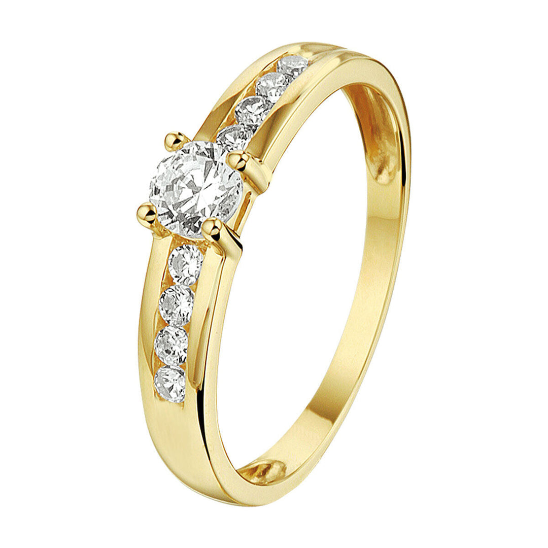 De Van der Kooij Collectie ring zirkonia 14K geelgoud is een gepolijst gouden damesring versierd met een ronde centrale zirkonia en drie kleinere stenen aan elke zijde.