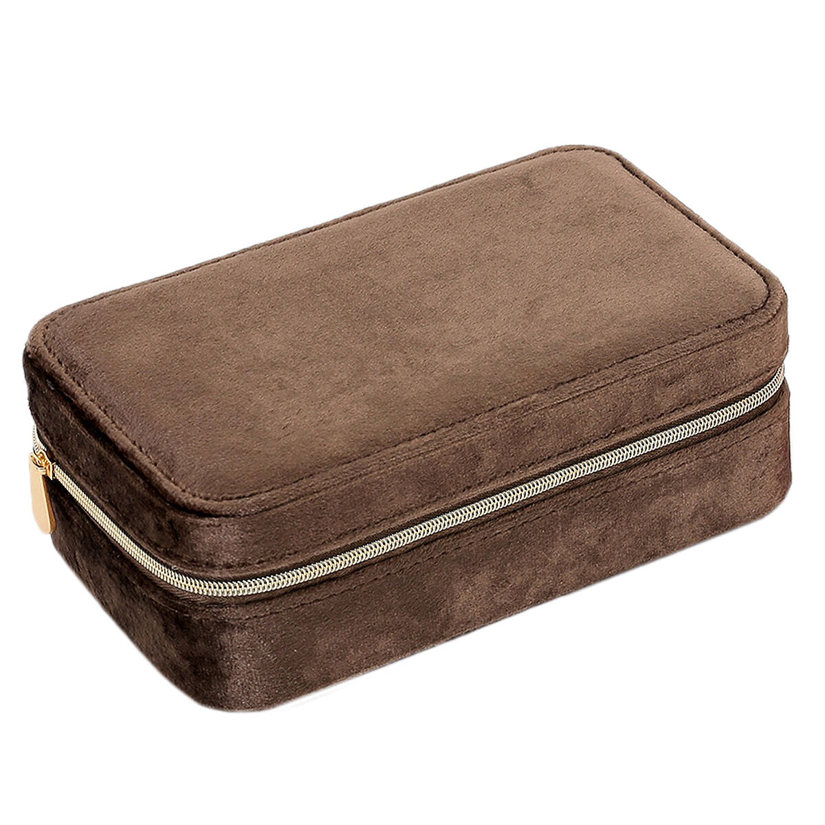 boîte à bijoux marron en velours avec fermeture éclair et forme rectangulaire.