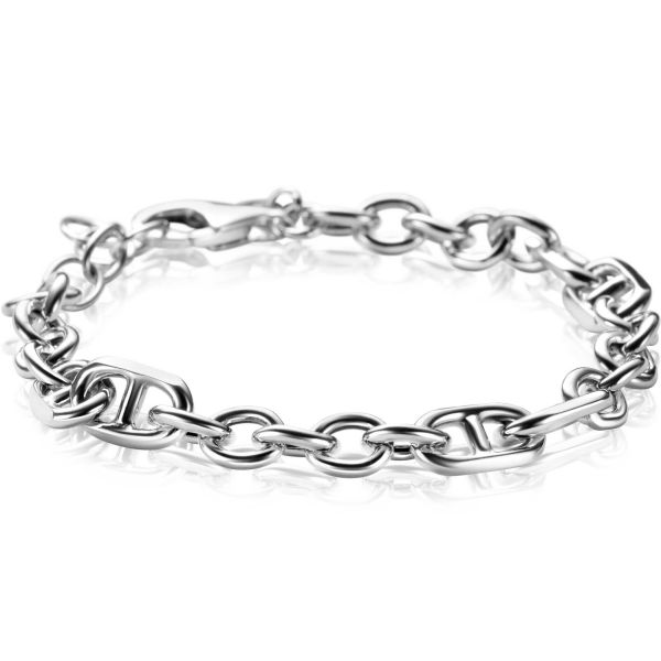Bracelet en argent avec maillons ovales et ronds, longueur ajustable de 17 à 20 cm.