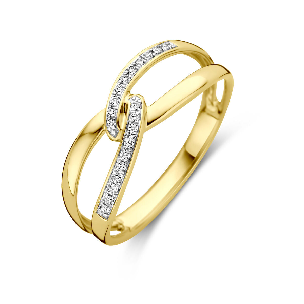 Bague en or jaune 14 carats ornée de diamants de 0,06 ct, design moderne avec des lignes entrecroisées.