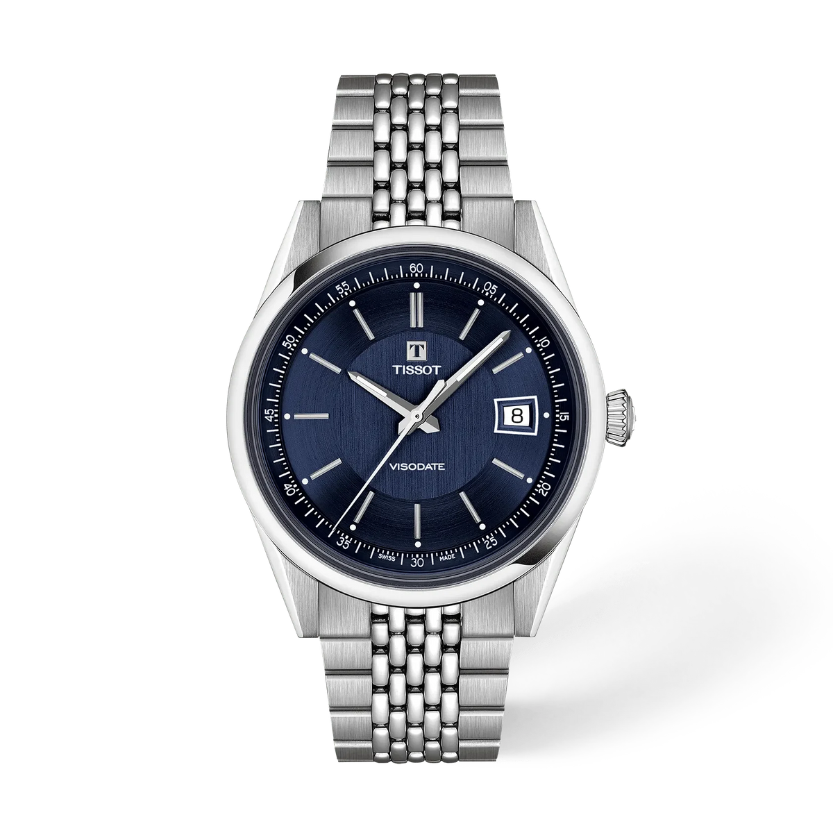 Montre Tissot Visodate de 39 mm avec cadran bleu, boîtier en acier inoxydable et bracelet en acier tressé.