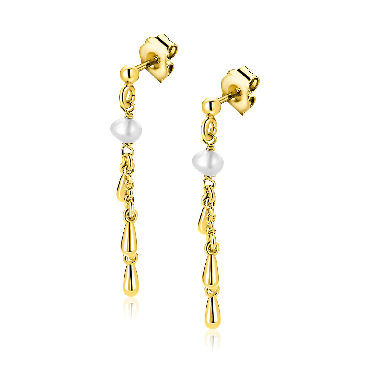 Boucles d'oreilles dorées avec perles et pendants en forme de goutte.