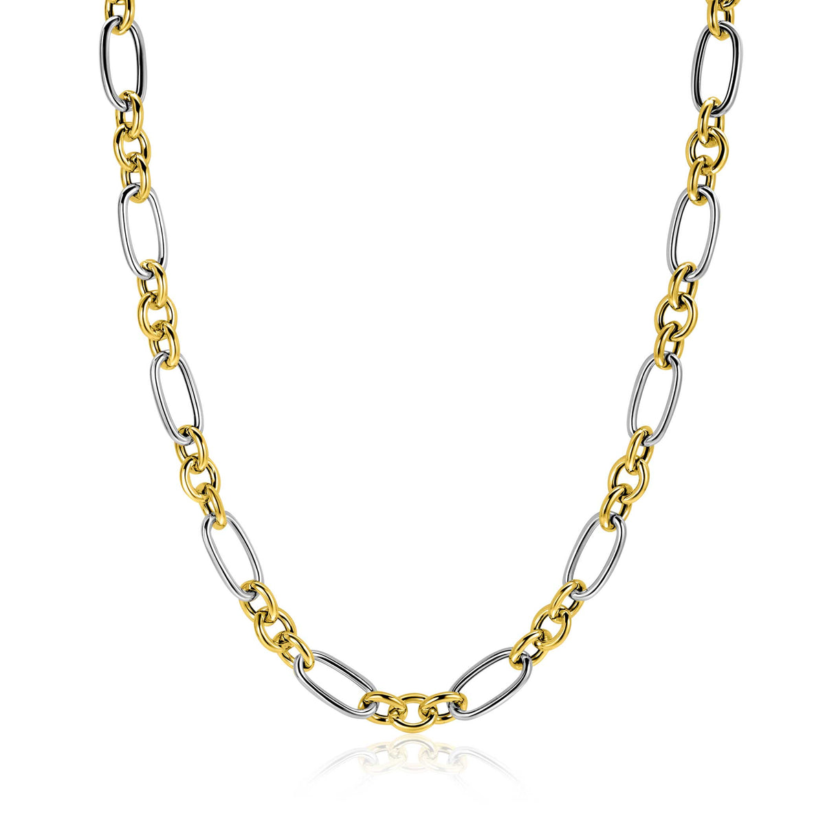 Collier en métal doré et argenté, composé de maillons ovales entrelacés.