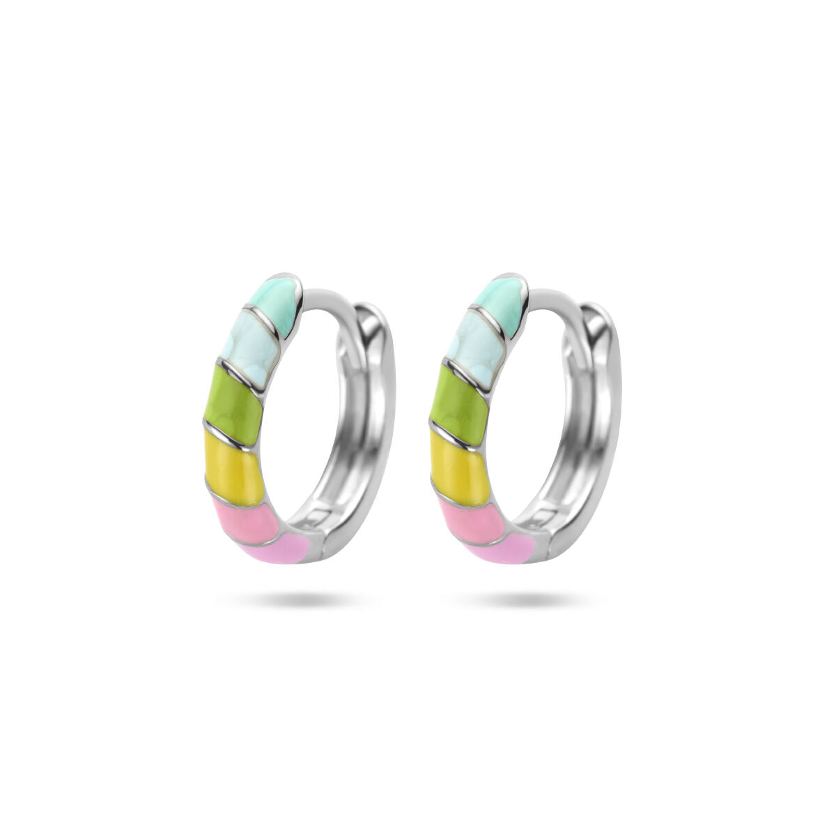 Boucles d'oreilles en argent rhodié avec émail coloré vert, rose, bleu et jaune.