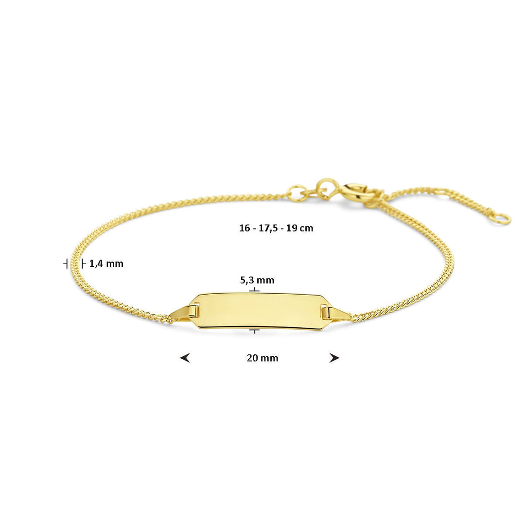 Van der Kooij Collectie graveerarmband plaat 5,3 mm in 14K geelgoud met verstelbare lengte (16,5 - 17,5 - 19 cm), rechthoekige naamplaat (20 x 5,3 mm; dikte 1,4 mm) en lobster sluiting.