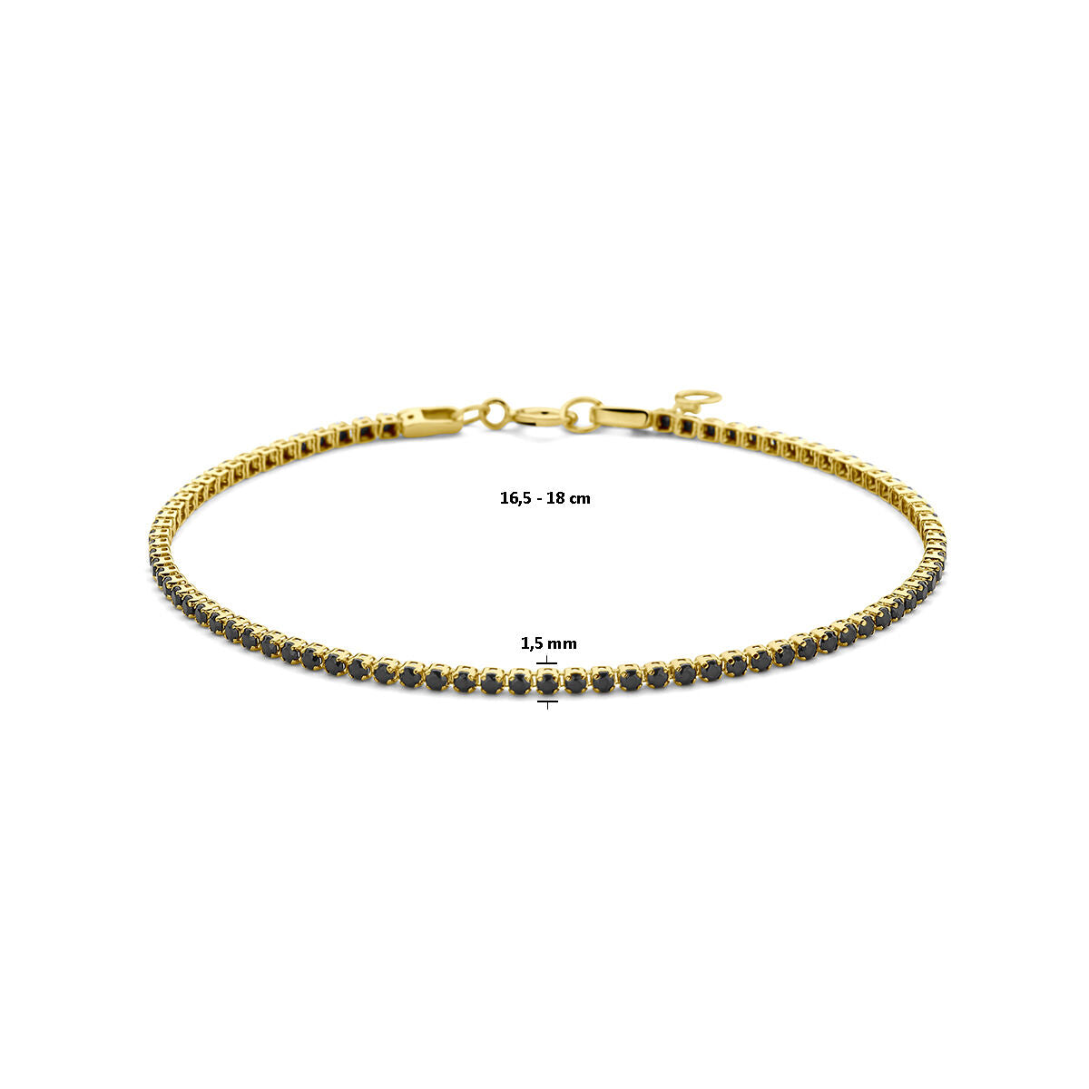 bracelet de tennis spinelle noire 1,5 mm 16,5 - 18 cm or jaune 14K