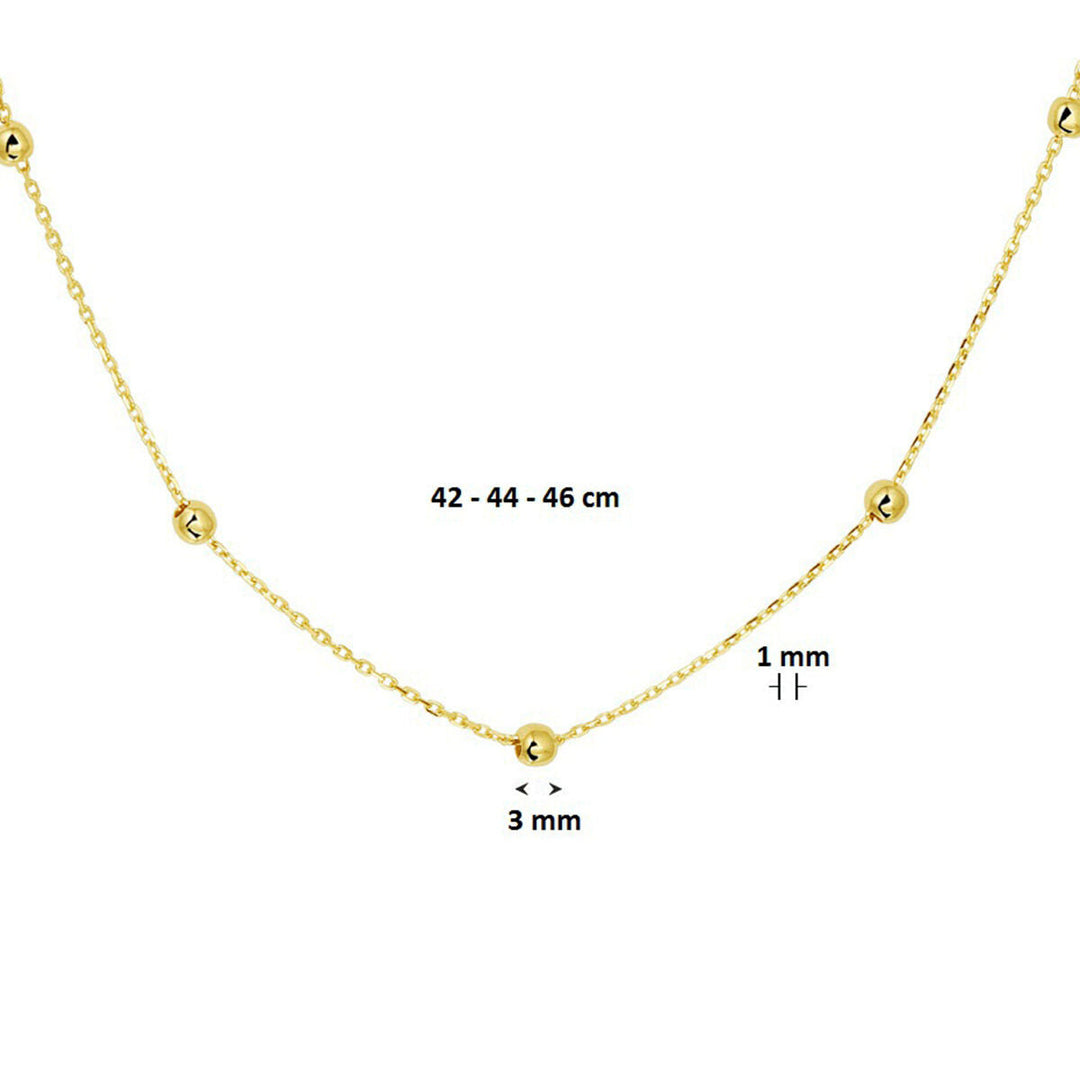 Het Van der Kooij Collectie collier anker en bolletjes 1,0 mm van 14K geelgoud heeft kleine ronde kralen (3 mm) en is verstelbaar op 42, 44 of 46 cm. Een elegant sieraad, perfect als cadeau voor elke gelegenheid.