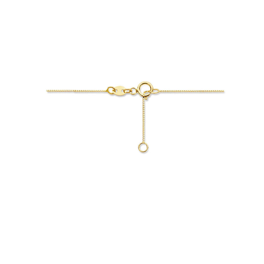 De Van der Kooij Collectie collier bol 40 + 1,5 cm, uitgevoerd in 14K geelgoud, heeft een karabijnsluiting en een verstelbare verlengketting met een klein rond lusje, afgebeeld op een witte ondergrond.