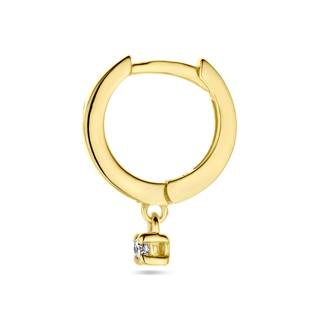 Een 14K geelgouden klapoorring van Van der Kooij Collectie met een vierkante hanger en een heldere diamant van 0.06ct H SI, per stuk getoond tegen een witte achtergrond.