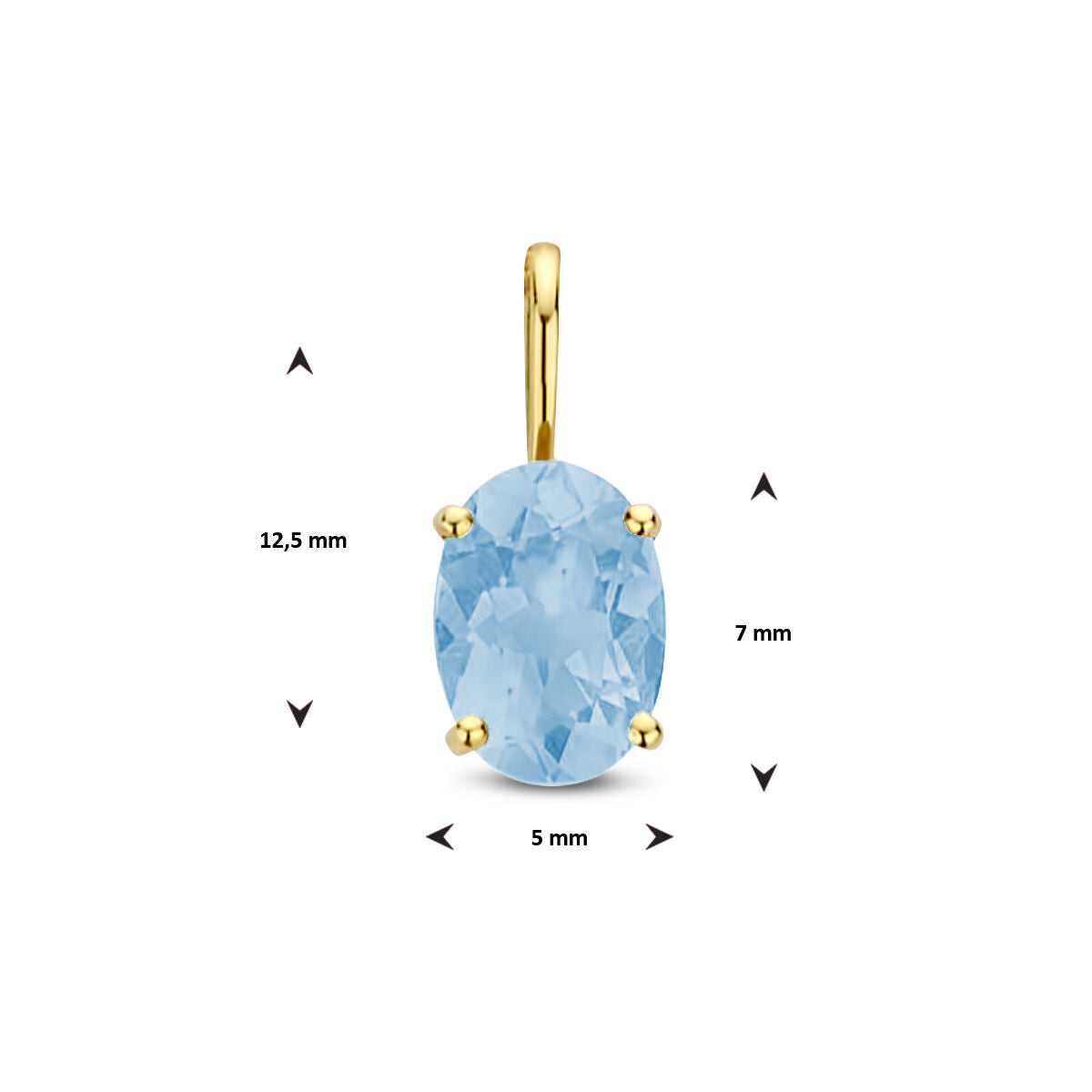 Van der Kooij Collectie hanger blauw topaas 14K geelgoud met een ovale Zwitsers blauwe topaas in vier griffen. De hanger is 12,5 mm lang, 7 mm hoog en 5 mm breed, voorzien van zwarte pijlen en maataanduidingen.