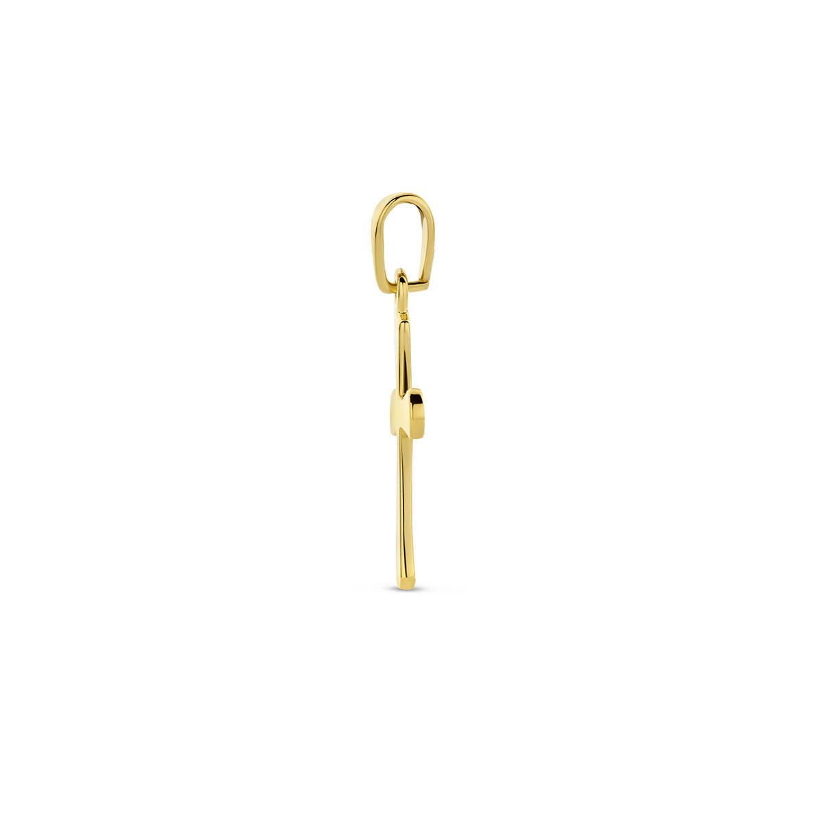 Zijaanzicht van de Van der Kooij Collectie hanger kruis 14K geelgoud, een sleutelvormige hanger met bovenlus tegen een witte achtergrond - een elegant accessoire dat geloof en spiritualiteit symboliseert.