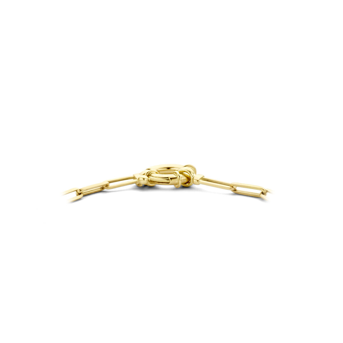 De "collier paperclip vierkante buis 3,0 mm 45 cm met groot springslot 14K geelgoud" van Van der Kooij Collectie is afgebeeld op een witte achtergrond met zijn opvallende gouden schakels.