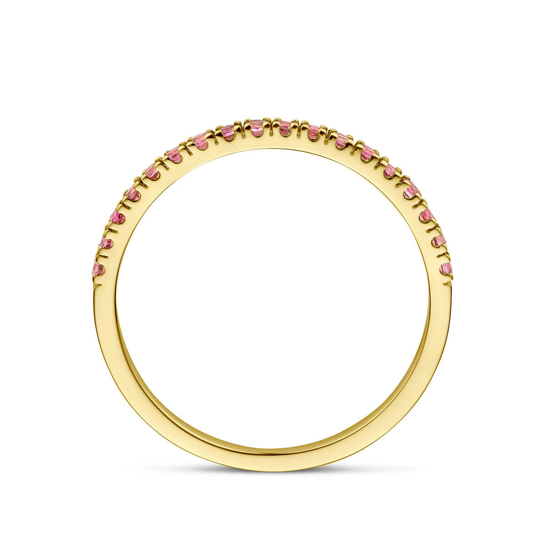 De Van der Kooij Collectie ring met geboortesteen roze toermalijn oktober 14K geelgoud heeft kleine roze toermalijntjes langs de bovenste helft, elegant rechtopstaand op een witte achtergrond.
